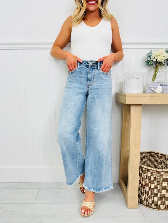 Judy Blue Denim - Judy Blue Jeans Wide Leg Cropped Cotton Denim Pant Raw Hem Mid Rise Blue Size 26
